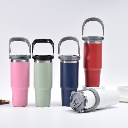 30 OZ 900 ML double wall stainless steel vacuum thermos mug with two functions straw plastic lid with handle